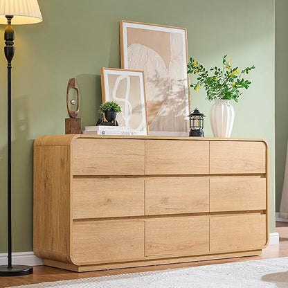 Natural Dresser for Bedroom with 9 Drawers, 57" Wide Modern Drawers with Curved Design, Wood Drawer Organizer for Living Room, Hallway