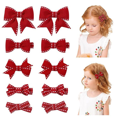 YHXX YLEN Hair Bows for Girls 10 PCS Fully Lined Red Snap Hair Clips Tiny 2" Grosgrain Stitch Edge Alligator Clips for Baby Girls Infants Toddlers in Pairs
