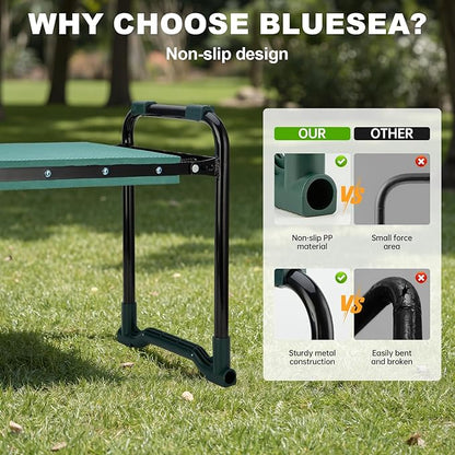 Bluesea Garden Kneeler and Seat - 2-in-1 Heavy Duty Garden Stool & Thick Kneeling Pad with Tool Pouch, Foldable Garden Bench for Planting, Weeding, Seniors, Women (350lbs Capacity)