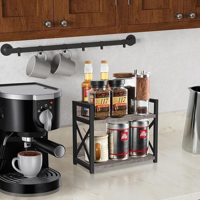 YINMIT Countertop Shelf Organizer,Coffee Bar Accessories,Spice Rack,Coffee Counter Shelf,2 Tier Coffee Organizer Station for Mugs,Cups,Cream,Syrup(Rusti Grey, Small)
