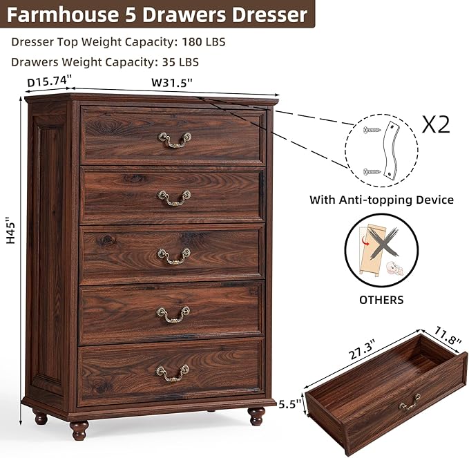 Farmhouse 5 Drawer Dresser Set of 2 for Bedroom, 45" Tall Rustic Chests of Drawers w/ 4 Solid Wood Feet, Mid Century Vintage Wooden Closet Storage Dressers Organizer for Living Room, Brown
