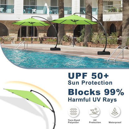 11FT Cantilever Umbrella with Base Large Curvy Outdoor Aluminum Offset Umbrella w/ 360° Rotation, UV Resistant Canopy for Patio, Garden, Backyard, Apple Green