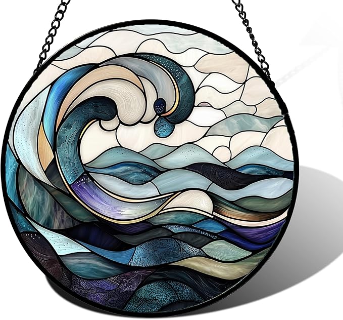 Stained Glass Window Hanging, Ocean Waves Sun Catchers Diamond Glass Panel Hangings Abstract Suncatcher Decor for Birthday for Women, Men, Wife, Aunt, and Mom 11.8x11.8 in