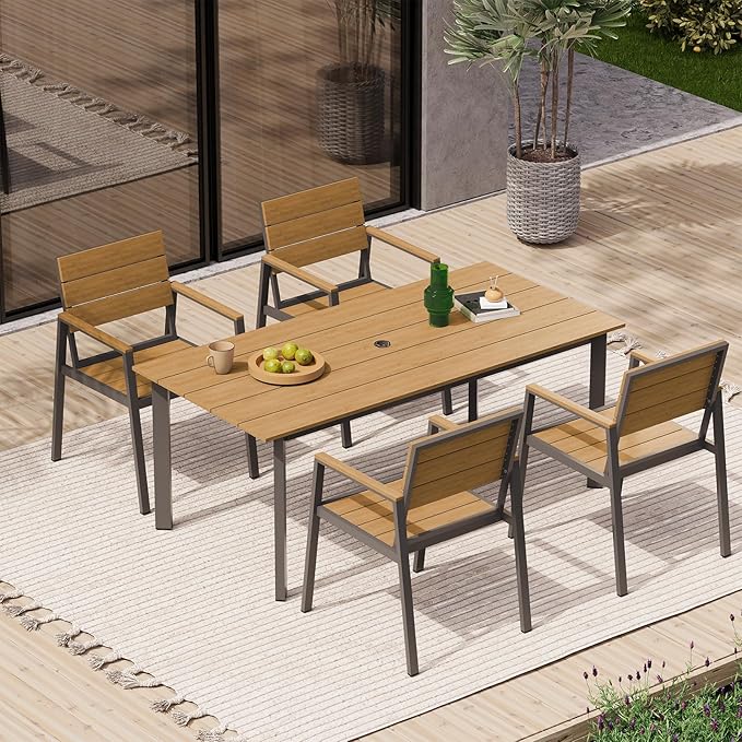 67" Rectangle HDPS Patio Dining Table, Aluminum Outdoor Patio Dining Table with Umbrella Hole, Weather-Resistant for Lawn, Garden, Yard, Poolside and Indoor Use, Gray & Teak