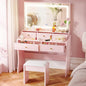 COMHOMA Makeup Vanity Desk with Mirror and Lights, Vanity Table and Chair Set with 5 Drawers and Charging Station, Bedroom Dresser LED Mirror Stepless Dimmable & 3 Color Modes Adjustable, Pink