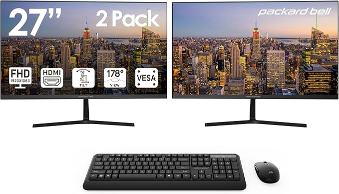 Packard Bell airFrame 27" FHD Monitors + Wireless Keyboard & Mouse, VESA Mount Compatible, HDMI/VGA, Tilt, Slim Bezel, for Home, Office, Light Gaming – 2 Pack
