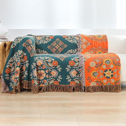 Boho Throw Blanket for Chair, 100% Cotton Woven Rustic Quilt with Tassel 50”x60”, Super Soft Muslin Blanket with Floral, Decorative Reversible Bed Blanket/Sofa Cover for All Seasons- Orange