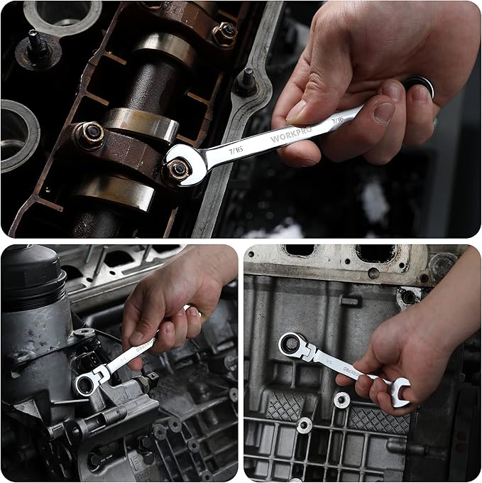 WORKPRO 8-piece Flex-Head Ratcheting Combination Wrench Set, SAE 5/16-3/4 in, 72-Teeth, Cr-V Constructed, Mirror Polished Chrome Plated with Roll Up Pouch