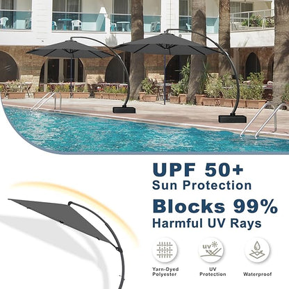 12FT Cantilever Umbrella with Base Large Curvy Outdoor Aluminum Offset Umbrella w/ 360° Rotation, UV Resistant Canopy for Patio, Garden, Backyard, Grey