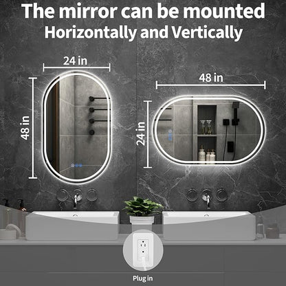 Oval LED Bathroom Mirror, 24"x 48" Frameless LED Mirror with Front Light and Backlit, Anti-Fog, Dimmable Modern Wall Mounted Lighted Mirror，Pill-Shaped Smart Mirror Bathroom