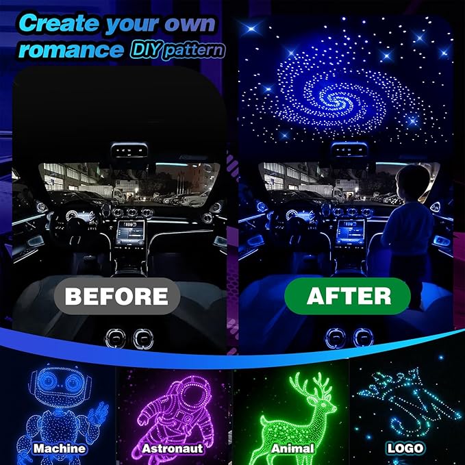 VASTFIRE Starlight Headliner Kit - 500pcs 0.03in 9.8ft Fiber Optic Star Lights for Car with 16W RGBW, Twinkle & Music Sync, APP/Remote Control for Car Roof/Bedroom Ceiling