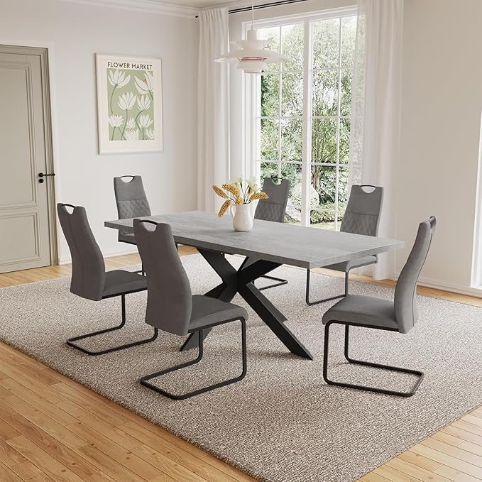 ZckyCine 7-Piece Dining Table Set, 6-Person Modern Rectangular Wooden Expandable Dining Table and 6-Person Leather Dining Chairs, 6-Person Kitchen Table and Chairs, Perfect for Kitchen Dining