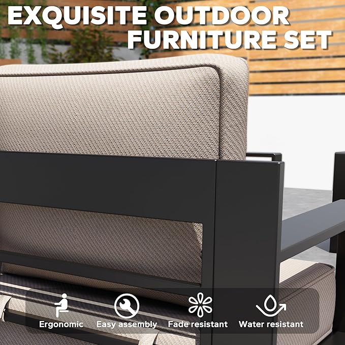 Aluminum Outdoor Conversation Furniture Set with Furniture Covers & 6" Cushions- Patio 79" Sofa with 4 Chairs & 63" Steel Propane Fireplace, 50,000 BTU Fire Pit with CSA Certified (Beige)