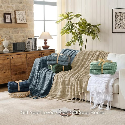 Boho Knitted Chenille Blanket with Tassels - Lightweight & Soft All-Season Throw - 3D Classic Pattern for Living Room Bedroom Couch, Sandy Beige, King 90"x108"