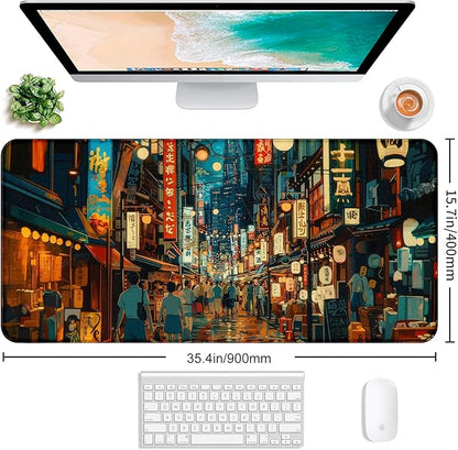 Cute Japanese Street Desk Mat, Anime Tokyo Street Night Scene Large Mouse Mat XXL, Computer Desk Mat 35.4 x 15.7 x 0.12 Inches