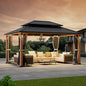 Modern Shade The Horizon Hardtop Gazebo 12' x 16' with 4 LED Lights, Permanent Outdoor Gazebo with Galvanized Steel Double Roof, Grill Pavilion with Decor Hooks, Mosquito Nettings, Wood Grain