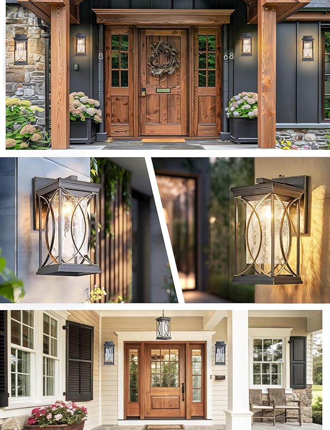 Dusk to Dawn Outdoor Wall Light Black with Gold Trim Modern Exterior Sconce Aluminum Waterproof Coach Light Fixture with Crack-Like Glass Outside Wall Lantern for House Garage Porch Lighting