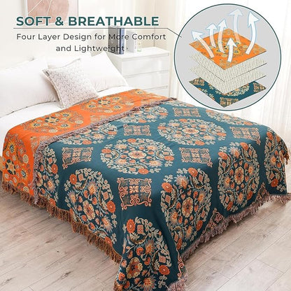 Boho Throw Blanket for Chair, 100% Cotton Woven Rustic Quilt with Tassel 50”x60”, Super Soft Muslin Blanket with Floral, Decorative Reversible Bed Blanket/Sofa Cover for All Seasons- Orange