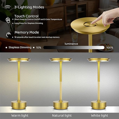 2-Pack Cordless Table Lamps Rechargeable - 5000mAh Battery Operated LED Table Light with Touch Stepless Dimming & 3 Color Modes - Portable Gold Metal Outdoor Lamps for Patio, Restaurant, Dining