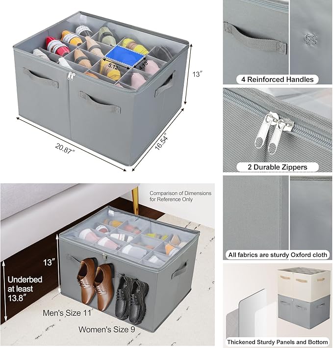 Shoe Organizer for Closet 2 Pack, Foldable Shoe Box with Adjustable Dividers and Clear Cover, Space Saving Shoe Storage Organizer Cabinet with Reinforced Handles, Fits 32 Pairs, Gray, TP12G