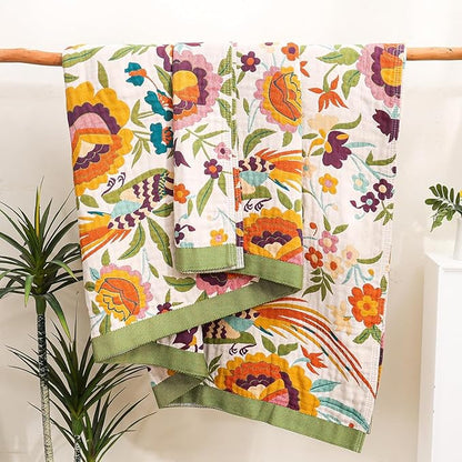 Boho Throw Blanket for Home Decor,Ultra Soft Throw Rustic Classic Quilt,100% Cotton Muslin Blankets for Adults, Reversible Woven Decorative Blanket for Bed Layering Use,Bid & Floral, 50"x60"
