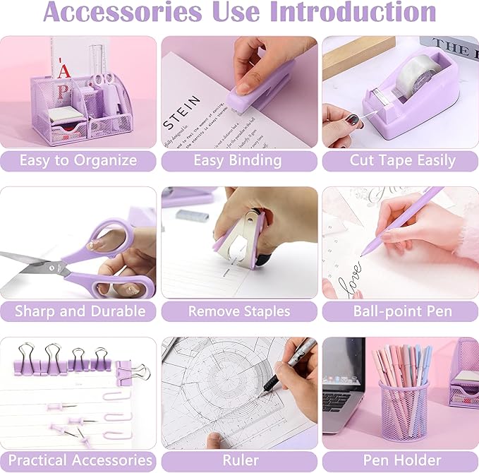 Purple Office Desk Accessories Supplies, 12pcs Desk Organizers and Accessories with Tape dispenser and Stapler,Staples,Staple Remover,Pen Holder,Scissor,Ruler,Sticky Tabs,Tape,Ballpoint Pen,Clips Set