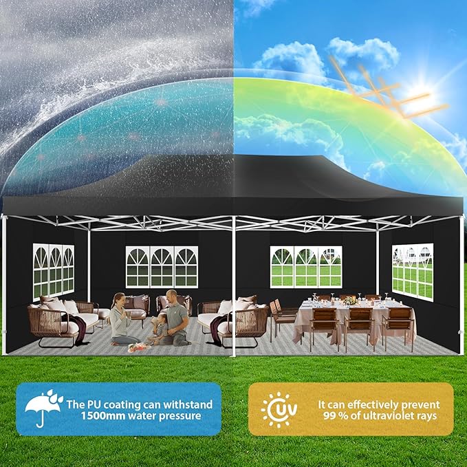 COBIZI 13x26 Pop up Canopy Heavy Duty with 6 Sidewalls, Easy Set-up Commercial Outdoor Party, 100% Waterproof Wedding Canopy Gazebo, 2 Height Adjustable with Wheeled Bag,Black