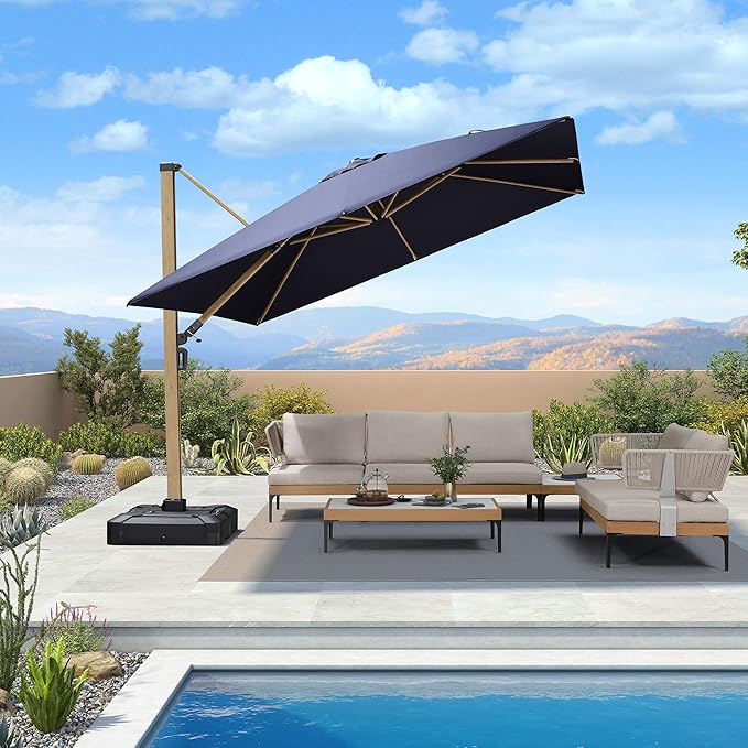 PURPLE LEAF 10FT Patio Umbrella With Base Square Cantilever Umbrella Teak Finished Aluminum Frame Large Windproof Offset Outdoor Sun Umbrellas for Beach Pool Deck, Navy Blue
