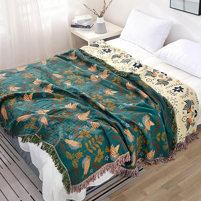 King Size Throw Blanket for End of Bed 100% Cotton Woven Bed Throws for All Season Lightweight and Soft Cozy Farmhouse Reversible Muslin Decorative Blanket for Travel Picnic, Teal/Cream, 91''x98''