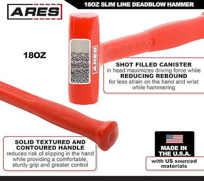 ARES 23050 – 18oz Slim Line Deadblow Hammer – Heavy Head Delivers Powerful Striking Force – Slim Profile Head Design for Greater Impact Accuracy - Made in USA