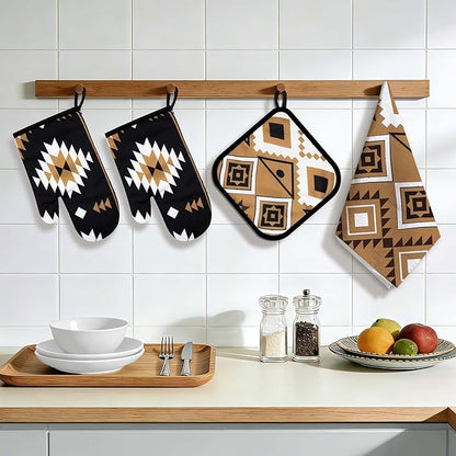8 Pcs Western Aztec Kitchen Decor Accessories Set Farmhouse Towels Pot Holders Oven Mitts Set 4 Dish Towels 2 Potholders 2 Cooking Mittens Oven Glove for Home Baking Cooking Supply(Brown,Kitchen)