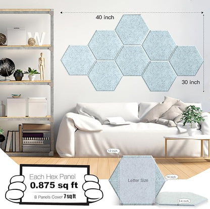 Mollywell Hexagon Acoustic Panels 14x12 - Reduce Echo & Reverb, Noise Blocking Wall Tiles for Bedroom & Studio, Smoky Blue Sound Absorbing Panels
