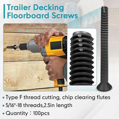 (100pcs) 5/16-18 x 2-1/2" Flat Head Thread Cutting Trailer Deck Screws, Black Phosphate, Package Contains T40 Star Drivea and 9/32 Drill bit