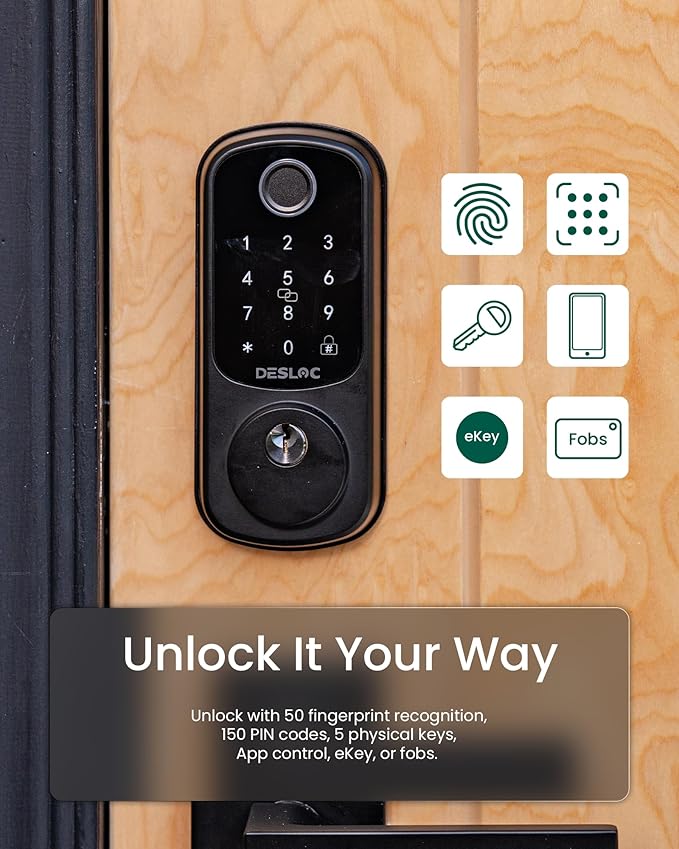 DESLOC Smart Door Lock B200, Smart Deadbolt Lock, Keyless Entry Door Lock, Fingerprint Smart Lock, Smart Locks for Front Door, App Control, Touchscreen Keypad Deadbolts,12-Month Battery, BHMA Grade3