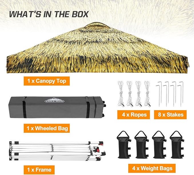 EAGLE PEAK Pop Up Canopy Tent with Wheeled Carry Bag, 8 Stakes, 4 Ropes, 4 Weight Bags, Easy Set Up Tent Canopy, 10x10 ft, 100sqft of Shade, Tiki