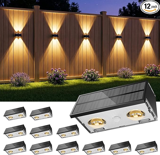 Bridika Solar Fence Lights, 12 Pack Up and Down Solar Lights Outdoor Waterproof, 8 Colors Lens LED Dusk to Dawn Wall Lights for Fence, Patio, Deck, Backyard, Garden