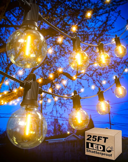 Outdoor String Lights, 25FT Patio Lights with 13 Shatterproof G40 Globe Bulb(1 Spare), Waterproof Connectable Dimmable LED Hanging String Lights for Outside Backyard Porch Balcony, 2700K