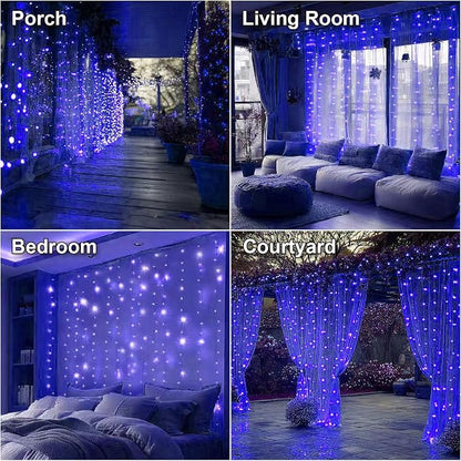 HXWEIYE 300LED Fairy Curtain Lights, 9.8x9.8Ft USB Plug-in 8 Modes Christmas String Hanging Lights with Remote for Bedroom Backdrop Wedding Indoor Wall Decor, Blue, Standard – 1 Pack
