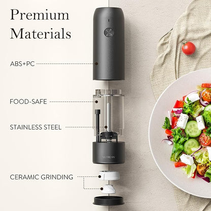 Ultrean Electric Pepper Grinder, Rechargeable Salt and Pepper Grinder with 6 Adjustable Coarseness, LED Light, One-Hand Automatic Operation, Christmas Gifts, Starry Gray