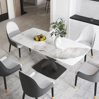 Modern Rectangle Marble Dining Table,63" Antique White Marble Sintered Stone Top Dining Table,Rectangle Dining Room Table with X-Shape Carbon Steel Pedestal Table for Kitchen/Living Room(Table Only)