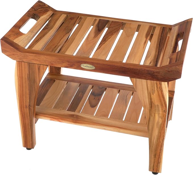 EcoDecors 24 Inch Tranquility Natural Color Waterproof Teak Wood Shower Bench Stool Seat Chair For Inside Shower Storage Shelf Provides Safety, Storage, and Organization For Bathroom Accessories