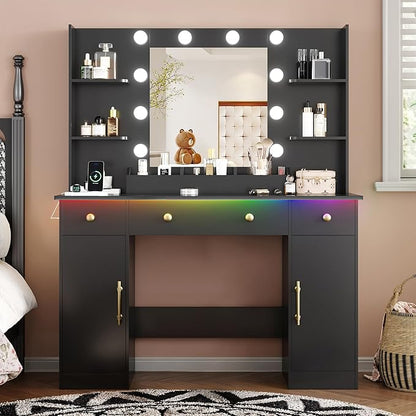 Vanity Desk with Mirror and Lights, 43'' Makeup Dressing Table Set with 5 Drawers & Power Outlet, 3 Lighting Modes Brightness Adjustable, Vanity with RGB Ambient Light for Women Girls Bedroom, Black