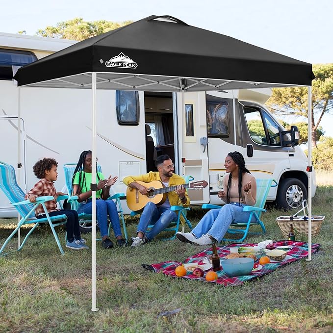 EAGLE PEAK Pop Up Canopy Tent with Wheeled Carry Bag, 8 Stakes, 4 Ropes, Easy Set Up Tent Canopy, 8x8 ft, Black