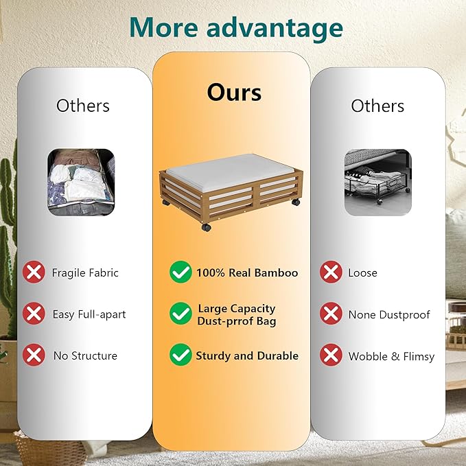 Bamboo Under Bed Storage Containers- Underbed Organizer with Wheels with Large Capacity Dust Bag,Sturdy Wood Rolling Under Bed Shoe Storage Organizer 2 Packs (Walnut, 2 Packs (23.62"×16.54"))