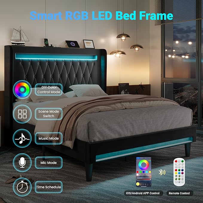 Allewie Upholstered Full Size Platform Bed Frame with LED Light and Charging Station, Button Tufted High Headboard, Wingback Design, Noise Free, Easy Assembly, No Box Spring Needed, Black