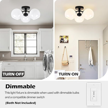 KoKo&Yukina 3-Light Mid Century Modern Black Semi Flush Mount Ceiling Light Globe Sputnik Chandelier Fixture Milk Glass Globe Ceiling Lights for Bedroom Living Room Hallway Entryway Foyer