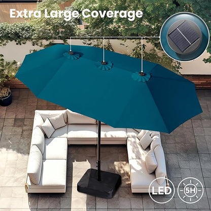 PHI VILLA 15ft Large Patio Umbrella with Solar Lights, Double-Sided Outdoor Market Rectangle Umbrellas with 36 LED Lights, Umbrella Base (Stand) Included, Cyan