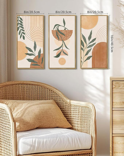 KUVIOKE Boho Orange Wall Art Green Botanical Leaf Artwork BohemainMinimalist Line for Bathroom Living Room 8x16in3pcs Natural Framed