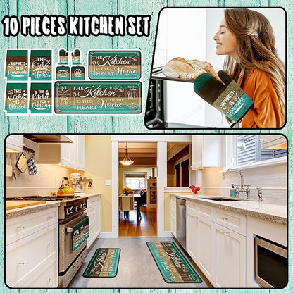 Fourluoo 10 Pcs Farmhouse Kitchen Decor and Accessories Set 4 Kitchen Towels 2 Pot Holders 2 Oven Mitts 2 Rugs for Cooking Baking Mom Housewarming Gifts(Green,Classic Style)