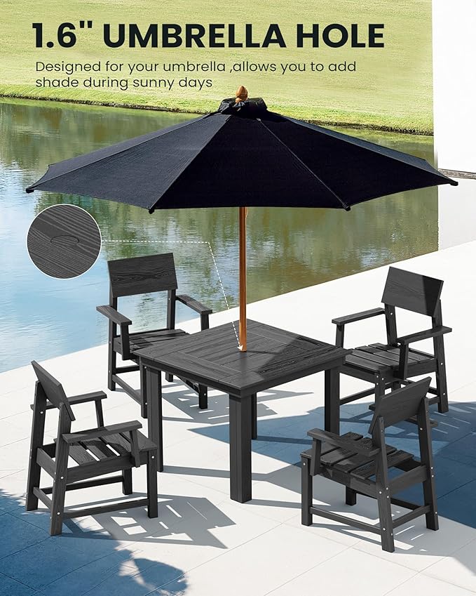 SERWALL HDPE Outdoor Dining Set, Square Table and Chairs Set All Weather Patio Dining Set, 5-Piece Patio Dining Furniture for Deck, Garden, Backyard, Black